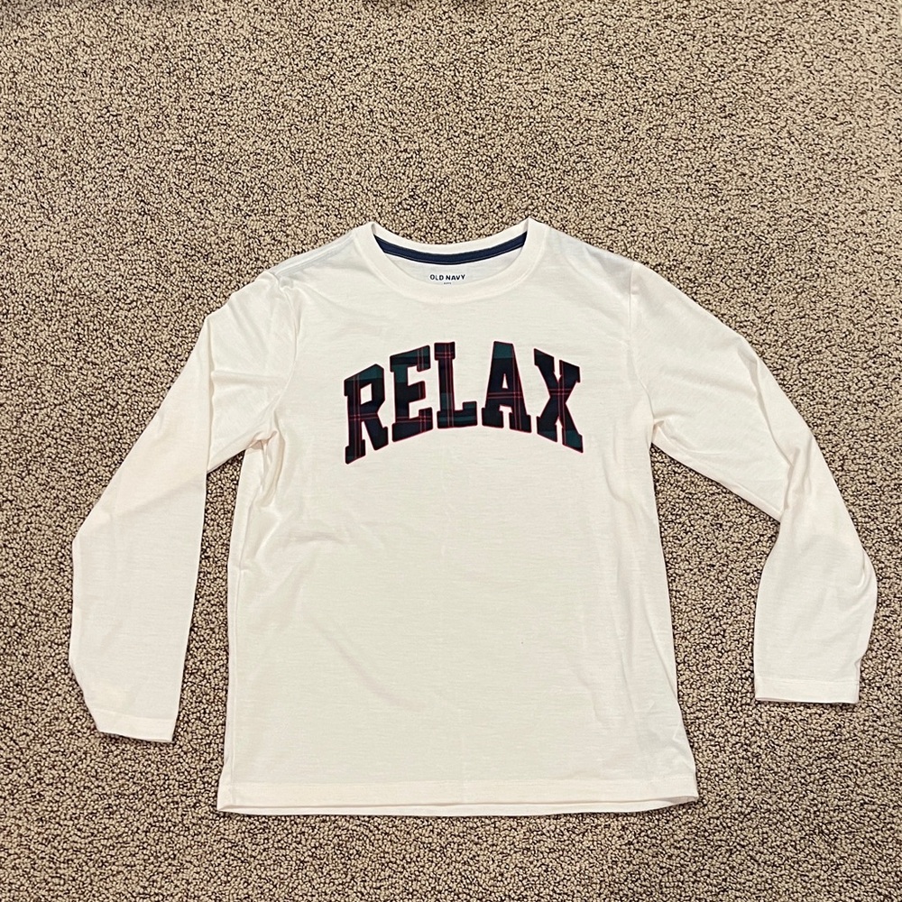 Old Navy White Long Sleeve Tee with Black 'RELAX' Graphic